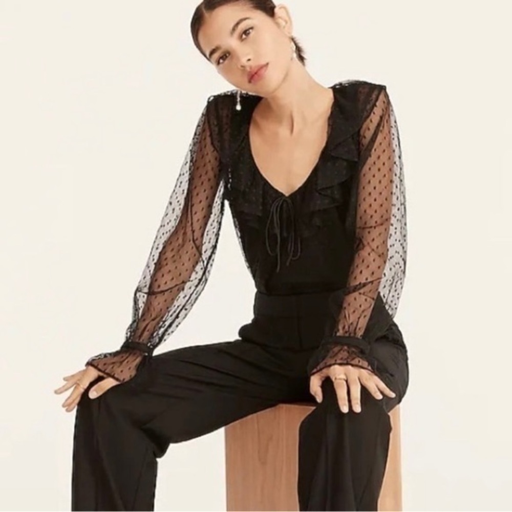 J. Crew Black Lace Ruffle Mesh Clip Dot Top NWT XS Cocktail Dark academia
